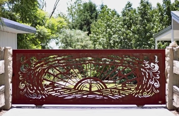 Artistic Landscape Plasma Cut Driveway Entrance Steel Gate  | Made in Canada – Model # DWG086