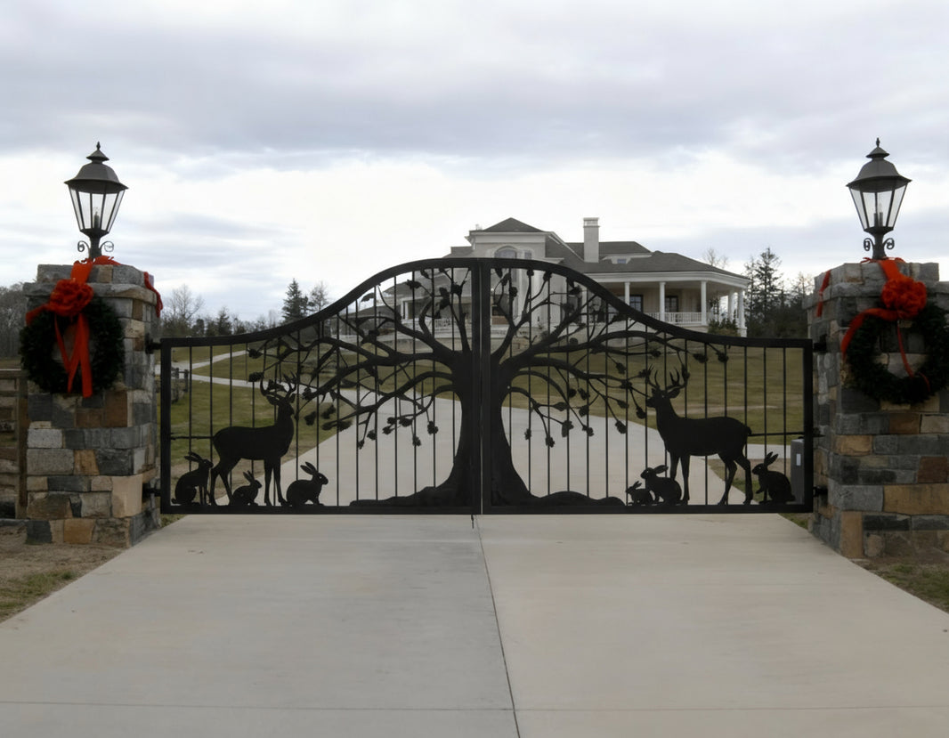 Wildwood Sanctuary – Wildlife Silhouette Wrought Iron Driveway Gate Model # DWG087