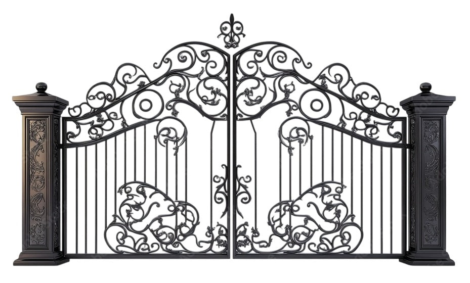 Majestic Scrollwork Wrought Iron Driveway Gate – Double Panel with Decorative Pillars Model DWG090