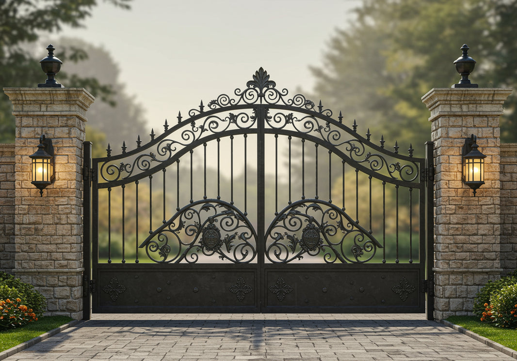 Crest forge Bastion – Ornate Wrought Iron Gate with Solid Base Model DWG090