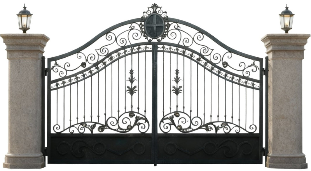 Emblemcrest Bastion – Ornate Wrought Iron Gate with Solid Base Model # DWG093