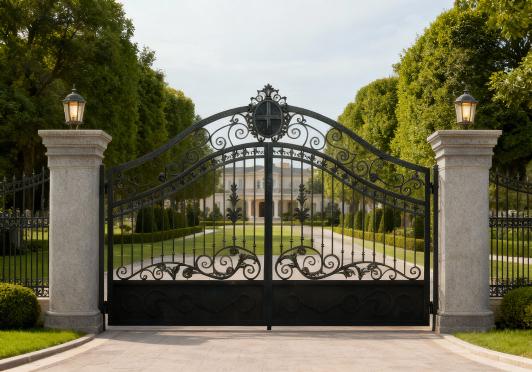 Emblemcrest Bastion – Ornate Wrought Iron Gate with Solid Base Model # DWG093