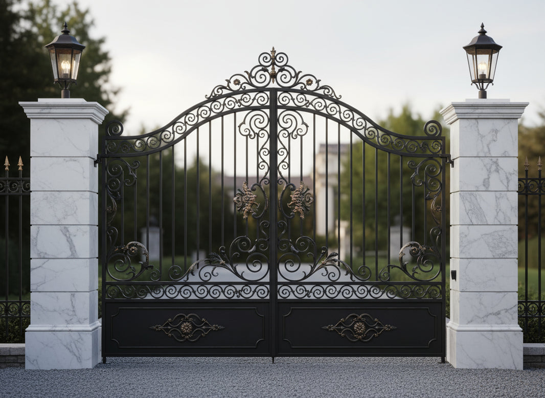 Shell crest Aurelia – Ornate Wrought Iron Gate with Gold Accents Model # DWG094