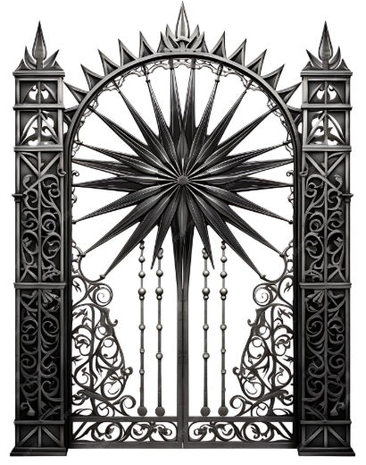 Starburst Wrought Iron Driveway Gate | Ornamental Steel Estate Gate with Geometric Pillars & Scrollwork Model # DWG094