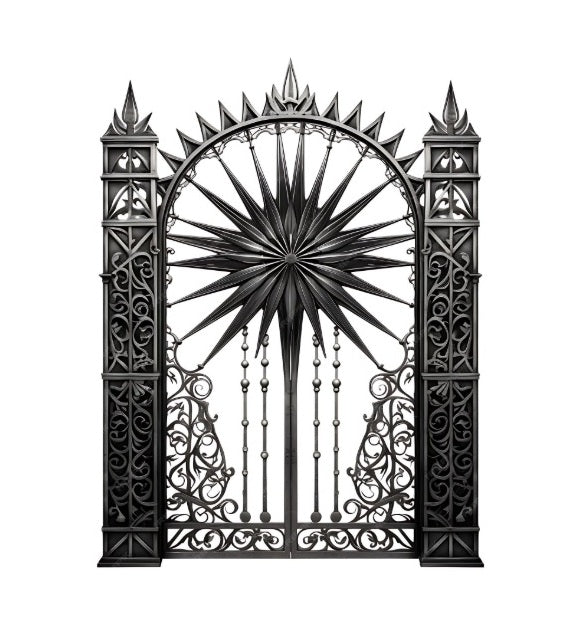 Starburst Wrought Iron Driveway Gate | Ornamental Steel Estate Gate with Geometric Pillars & Scrollwork Model # DWG094