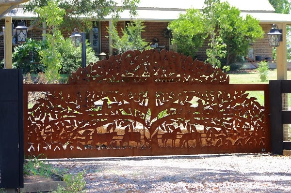 Woodland Harmony Gate Plasma-Cut Steel Driveway Gate | Nature-Inspired Design | Made in Canada Model # DWG095