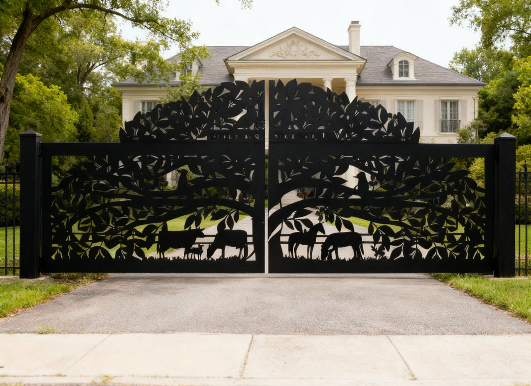 Woodland Harmony Gate Plasma-Cut Steel Driveway Gate | Nature-Inspired Design  Model # DWG095
