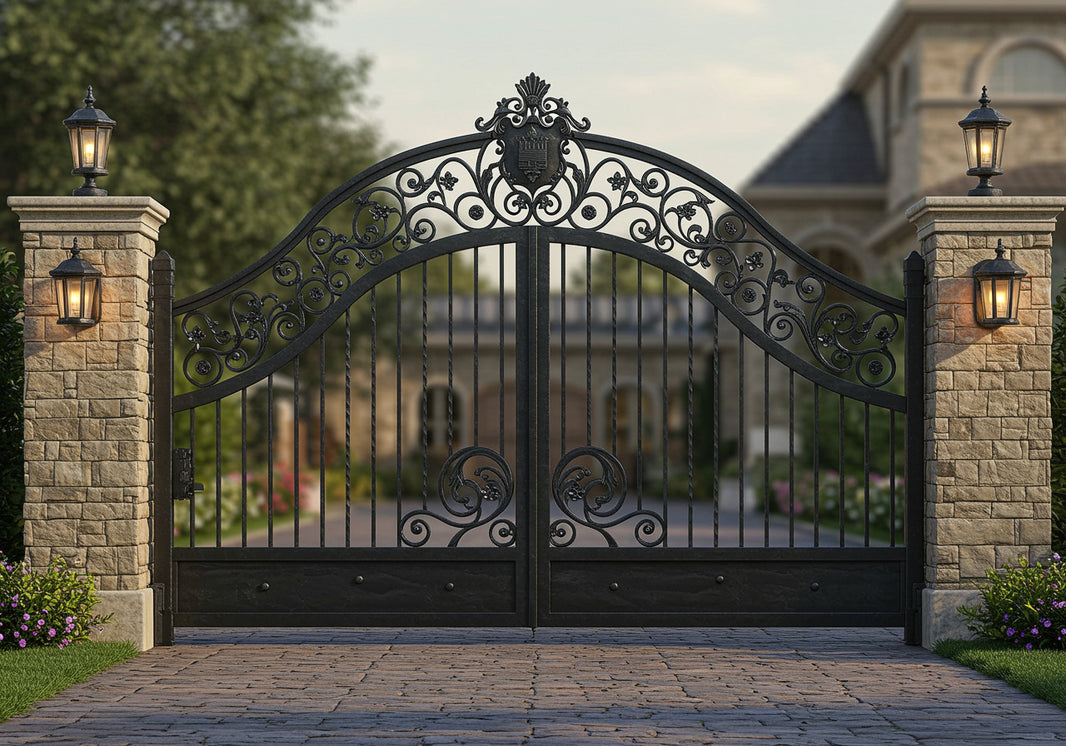 Crest veil Gate – Ornate Wrought Iron Gate with Floral Scrolls Model # DWG096
