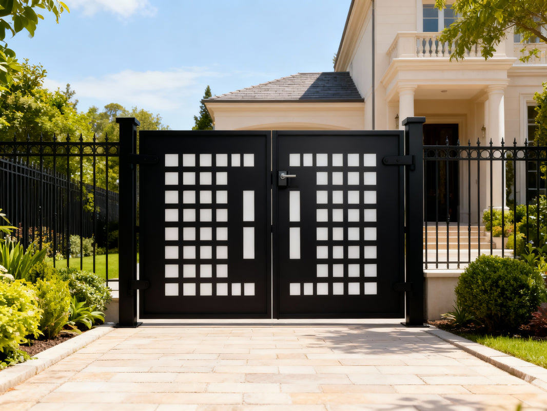 Gridform Axis Gate – Modern Metal Gate with Rectangular Cutouts & Symmetrical Design Model # DWG096