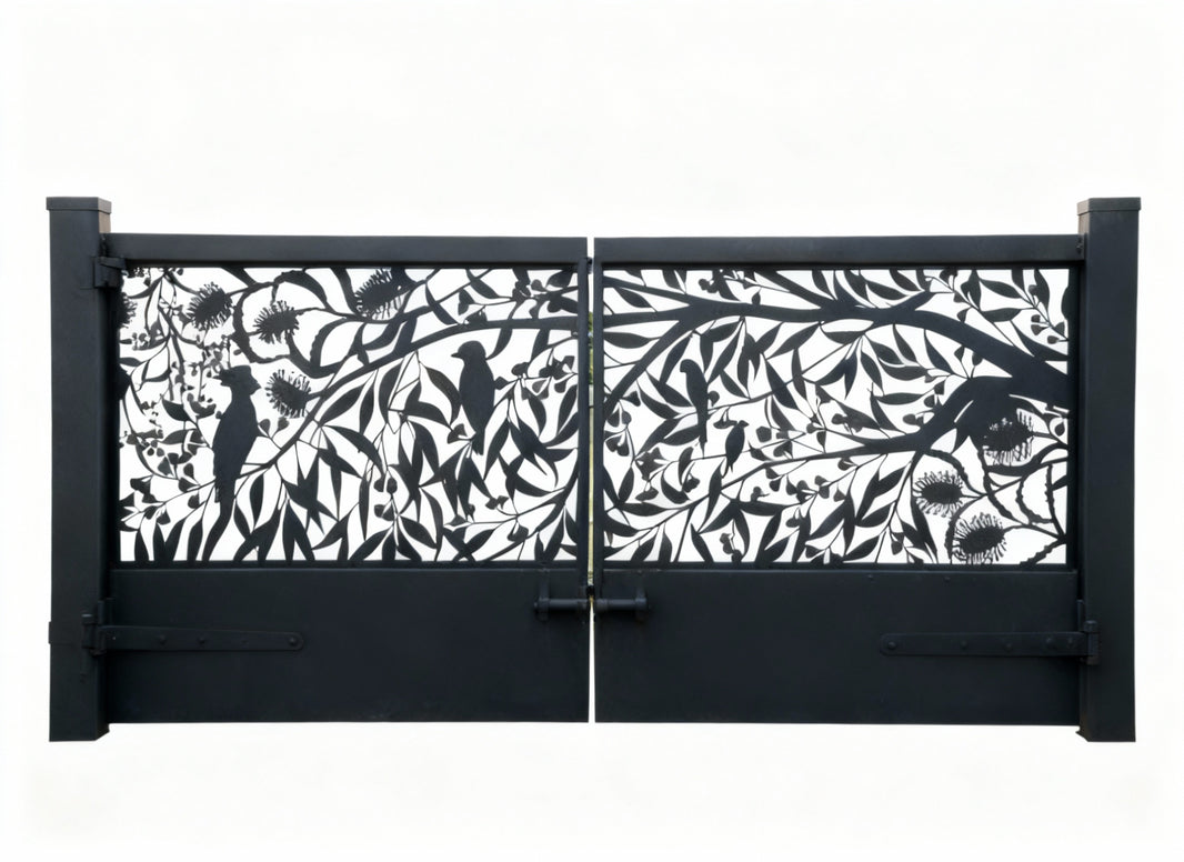 Plasma-Cut Steel Driveway Gate  Botanical & Bird Design Model # DWG098