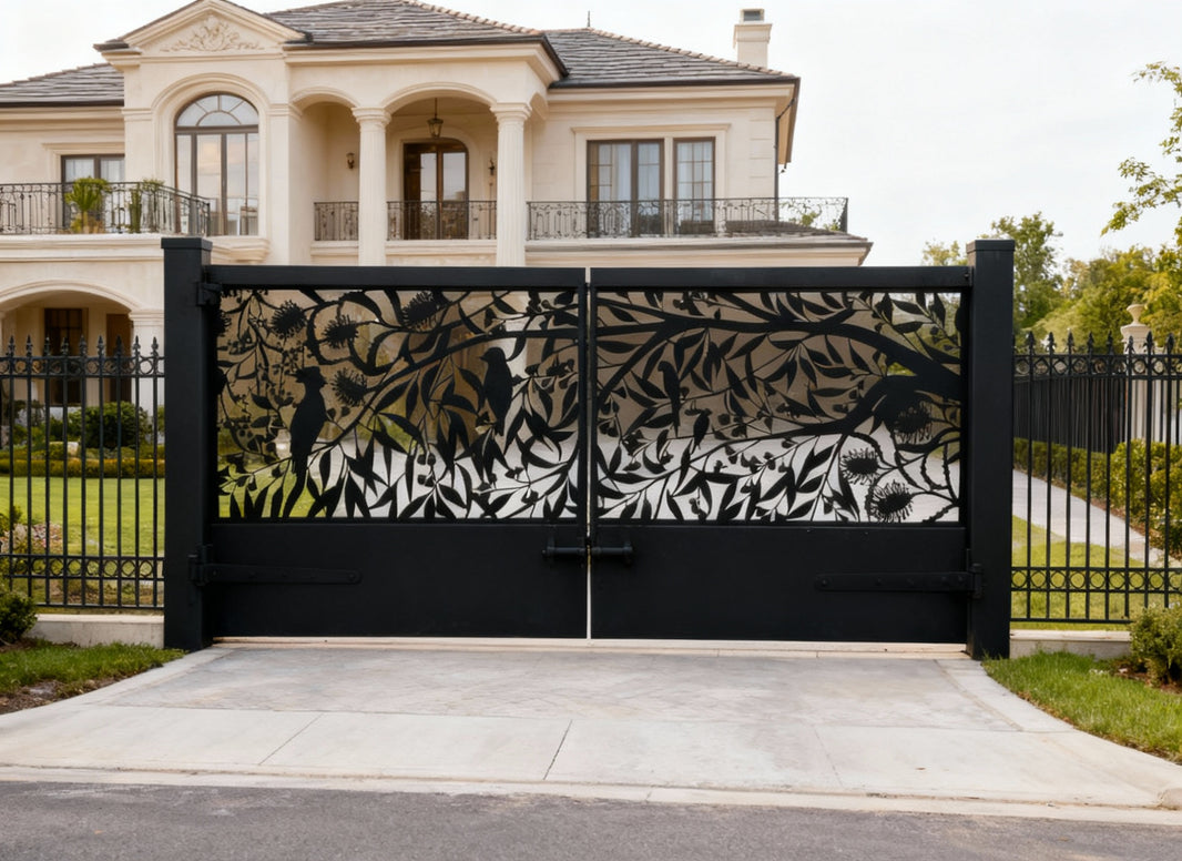 Plasma-Cut Steel Driveway Gate  Botanical & Bird Design Model # DWG098