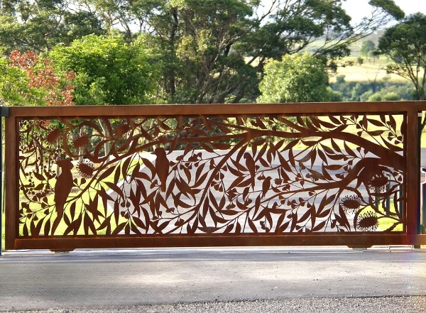 Plasma-Cut Steel Driveway Gate  Botanical & Bird Design Model # DWG098