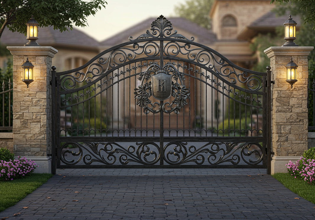 Shield crest Dominion – Ornate Wrought Iron Gate with Floral Scrolls Model # DWG099