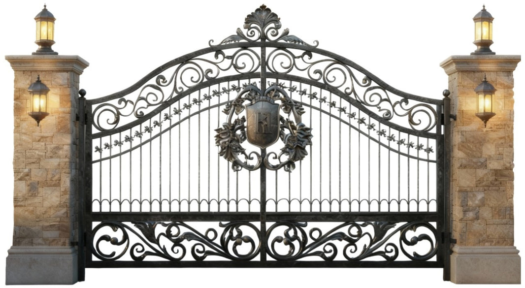 Shield crest Dominion – Ornate Wrought Iron Gate with Floral Scrolls Model # DWG099