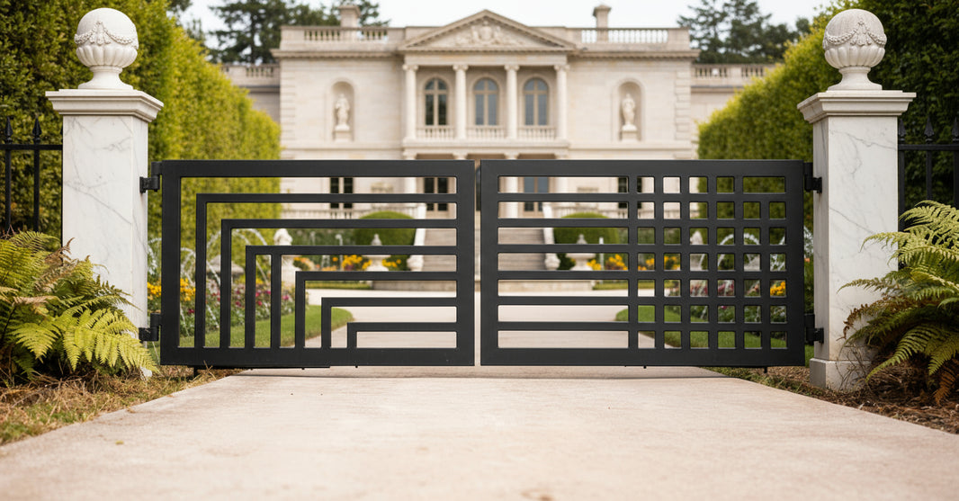 Dual Form Axis – Split-Pattern Geometric & Grid Steel Driveway Gate Model # DWG101