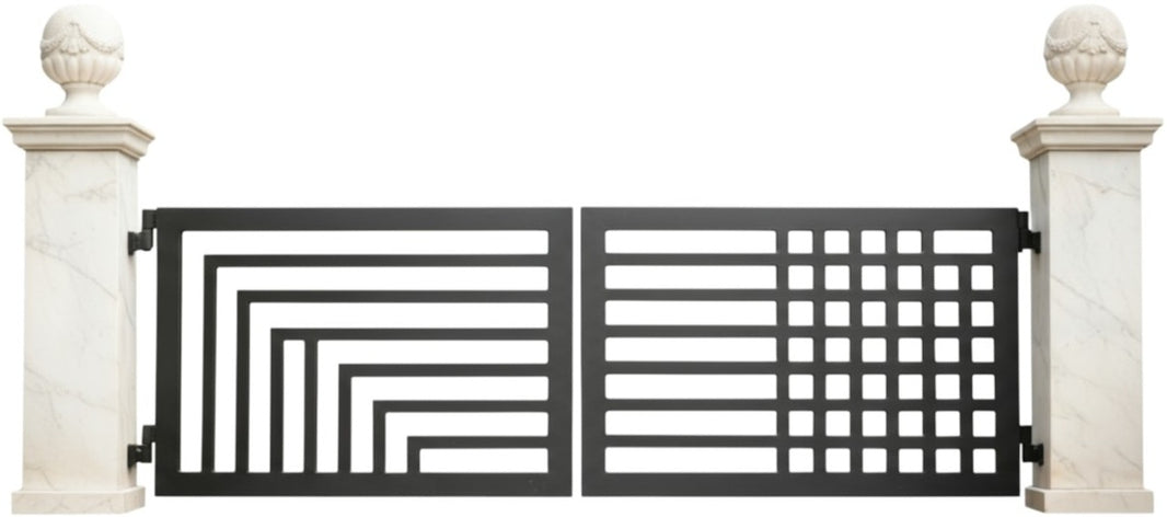 Dual Form Axis – Split-Pattern Geometric & Grid Steel Driveway Gate Model # DWG101