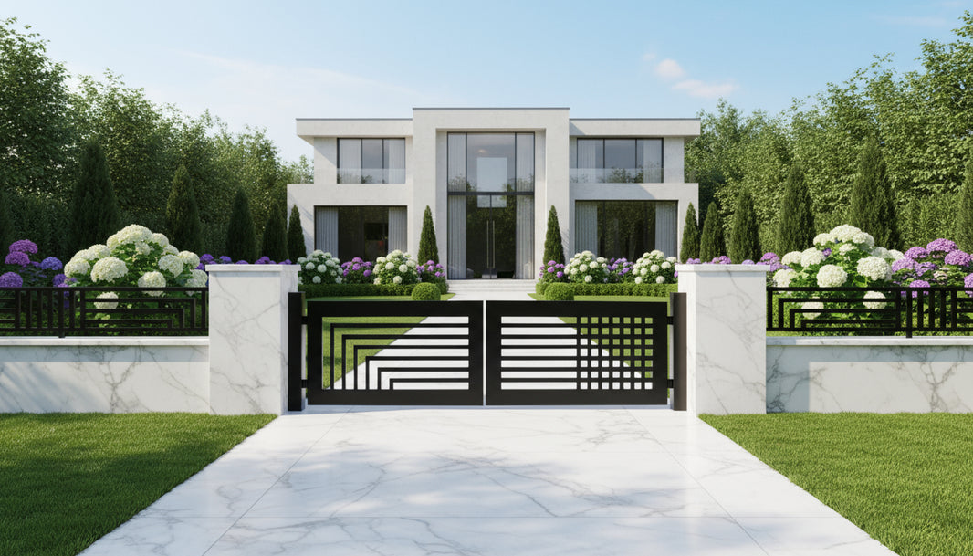 Dual Form Axis – Split-Pattern Geometric & Grid Steel Driveway Gate Model # DWG1011