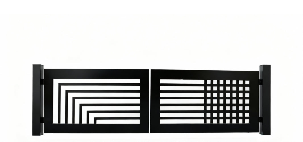Dual Form Axis – Split-Pattern Geometric & Grid Steel Driveway Gate Model # DWG1011