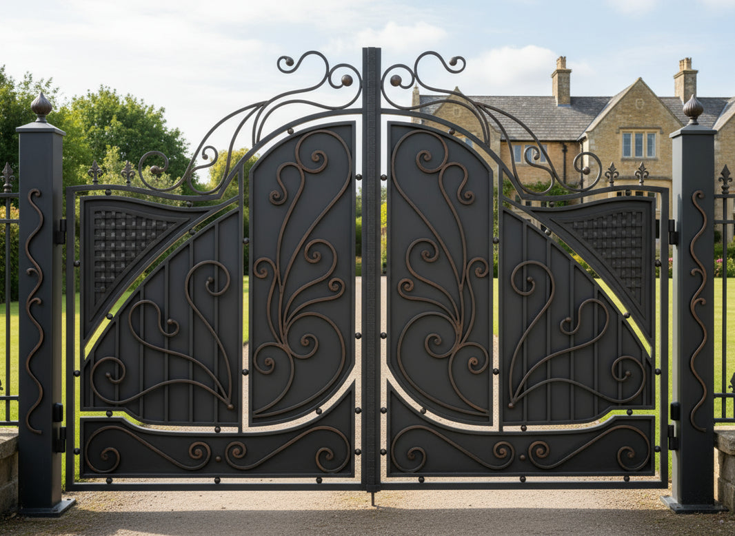 Bronze line Elan – Copper Scrollwork & Lattice Wrought Iron Estate Gate Model # DWG103
