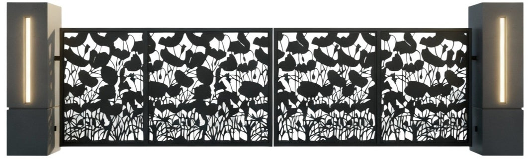 Poppy veil Luxe – Four-Panel Floral Cutout Steel Driveway Gate Model # DWG104