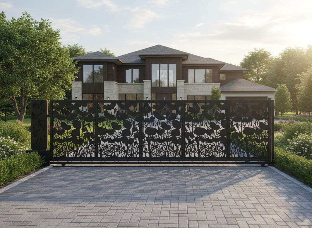 Poppy veil Luxe – Four-Panel Floral Cutout Steel Driveway Gate Model # DWG104