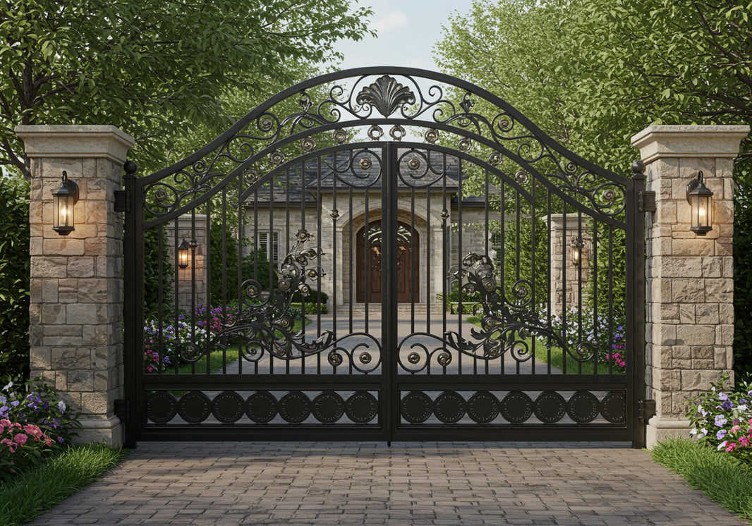 Twin crest Aviary – Ornate Wrought Iron Gate with Bird Motifs Model # DWG106