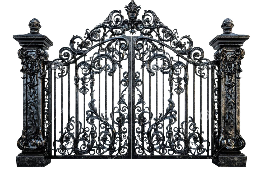 Luxury Wrought Iron Estate Gate | Hand-Forged Decorative Driveway Gate with Floral Crest & Scrollwork Model # DWG106
