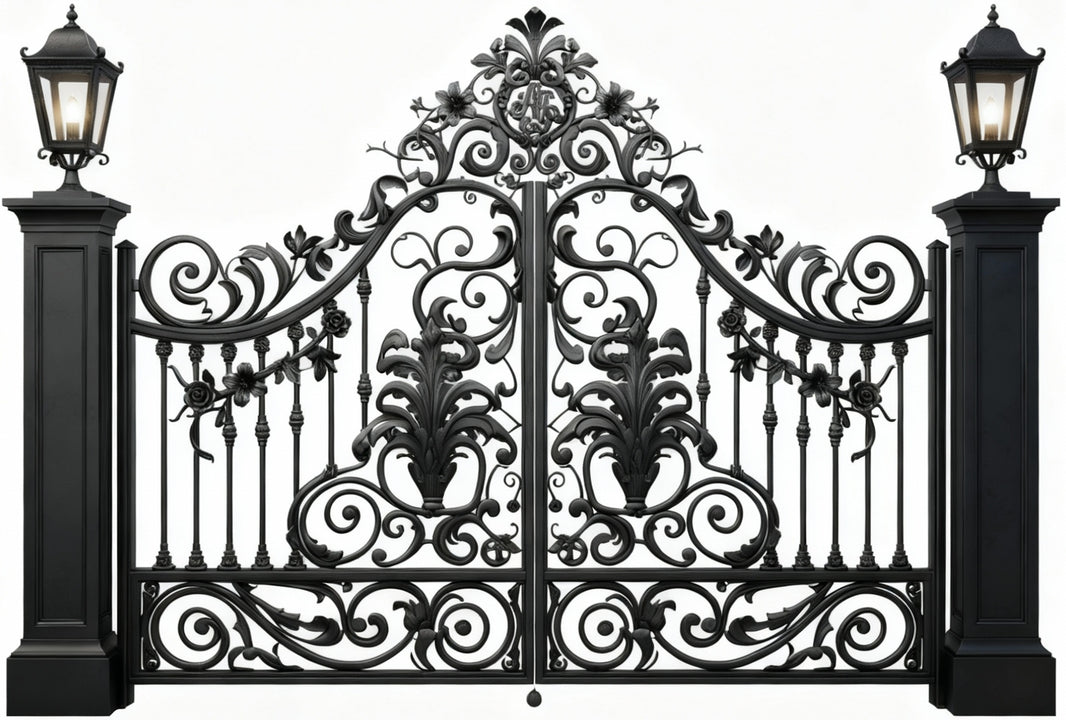 Florentine Crest gate – Ornate Wrought Iron Gate with Scrollwork & Lantern Pillars Model # DWG107