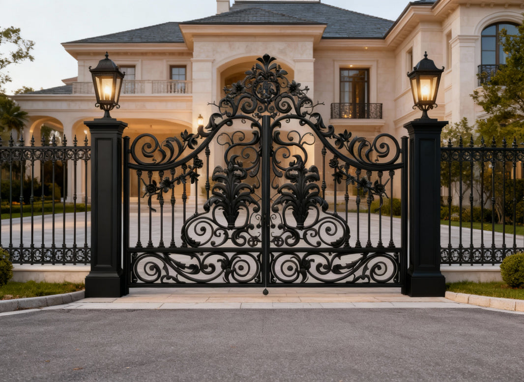 Florentine Crest gate – Ornate Wrought Iron Gate with Scrollwork & Lantern Pillars Model # DWG107