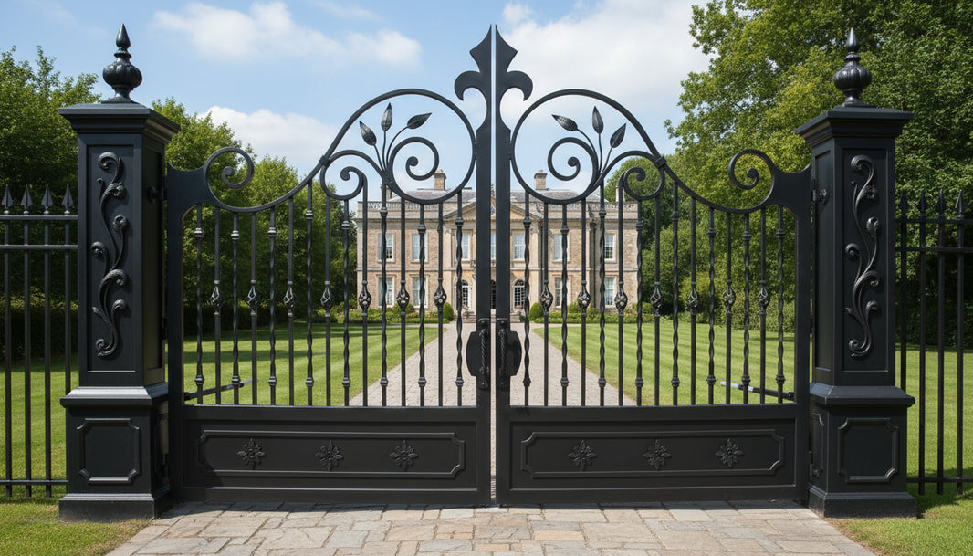 Fleurgrid Sonata – Wrought Iron Gate with Leaf Scrolls & Diamond Bar Detailing Model # DWG108