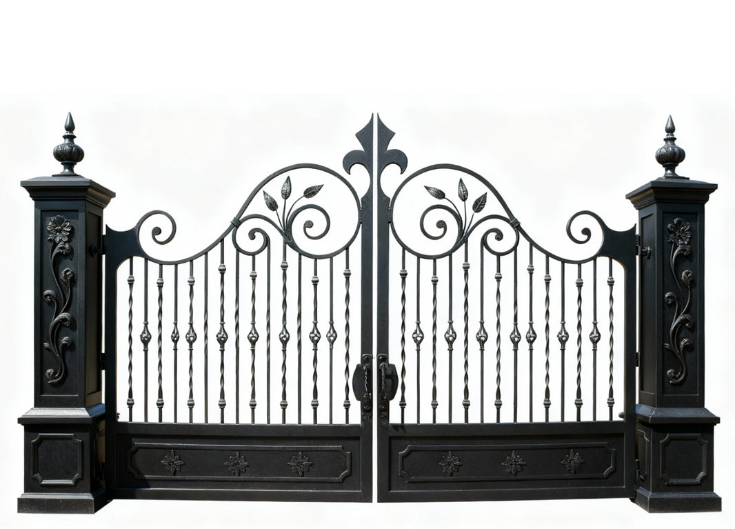 Fleurgrid Sonata – Wrought Iron Gate with Leaf Scrolls & Diamond Bar Detailing Model # DWG108