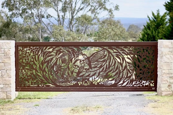 Feathers & Flora Botanical Artisan Plasma-Cut Driveway Metal Gate Design Model # DWG109