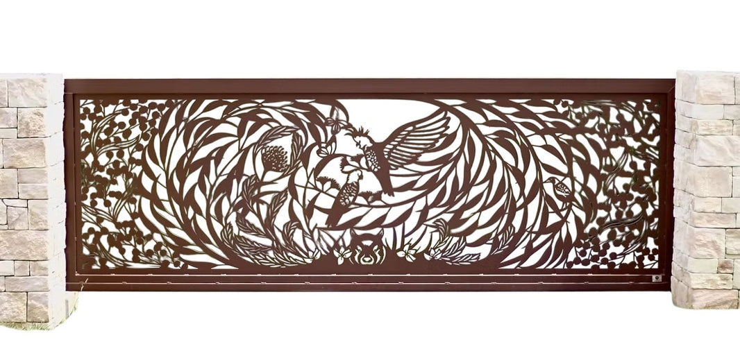 Feathers & Flora Botanical Artisan Plasma-Cut Driveway Metal Gate Design Model # DWG109