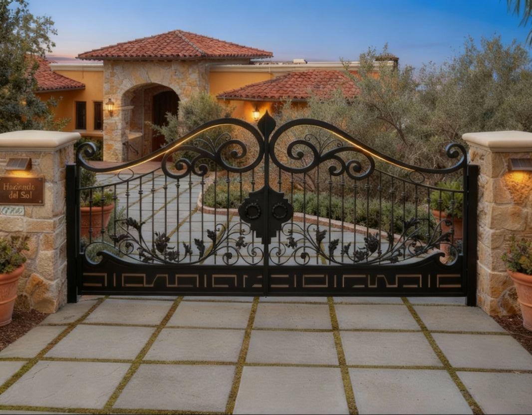 Ornabella Crest – Floral Scroll Wrought Iron Gate with Stone Pillars Model # DWG111