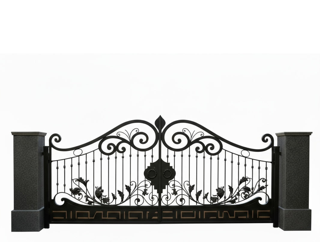 Ornabella Crest – Floral Scroll Wrought Iron Gate with Stone Pillars Model # DWG111