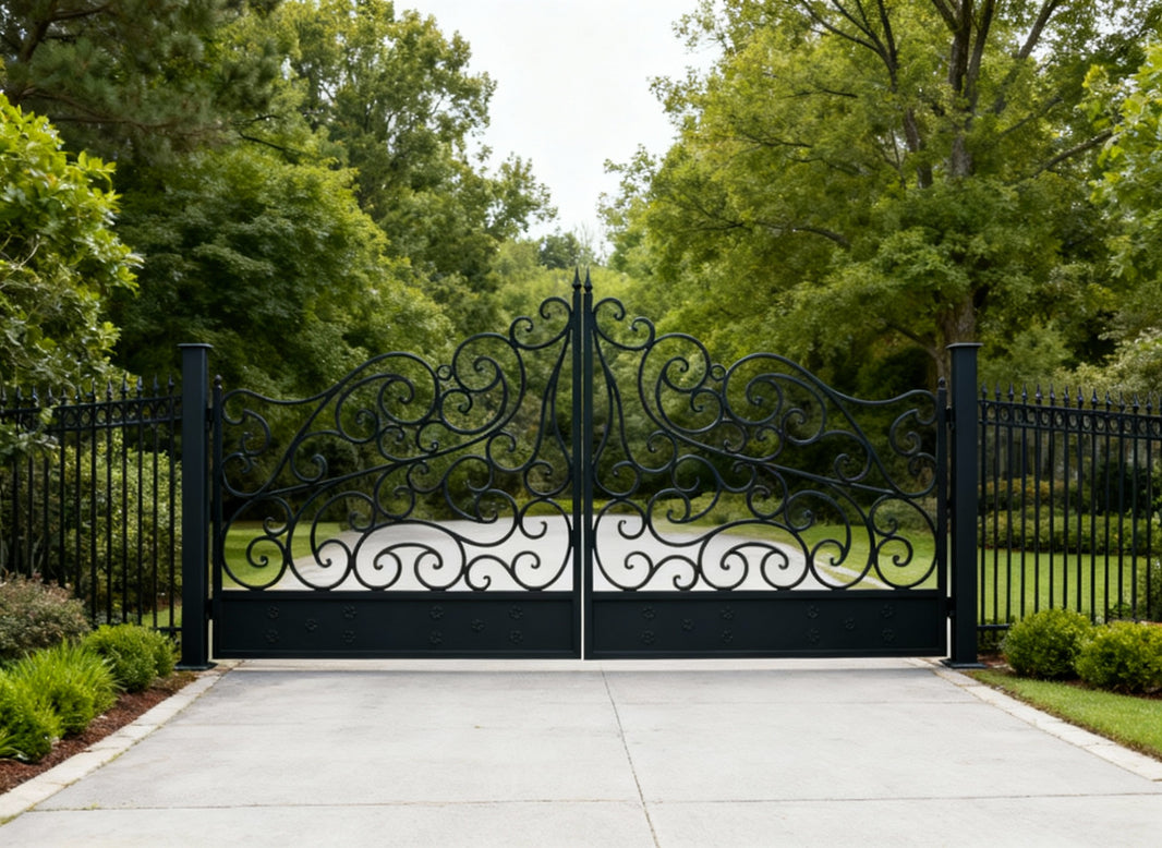 Scrollbloom Crest – Wrought Iron Gate with Floral Base Panels & Finial Arch Model # DWG112