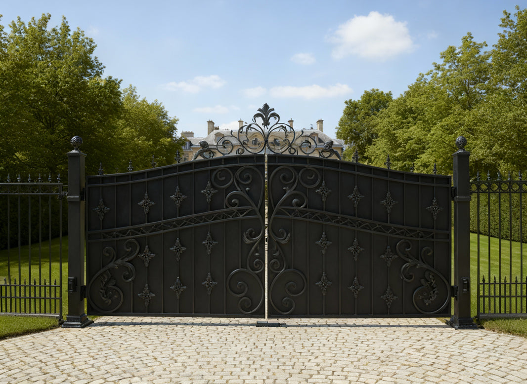 Lion crest Fleur – Wrought Iron Gate with Fleur-de-lis Crest & Sculpted Pillars Model # DWG115