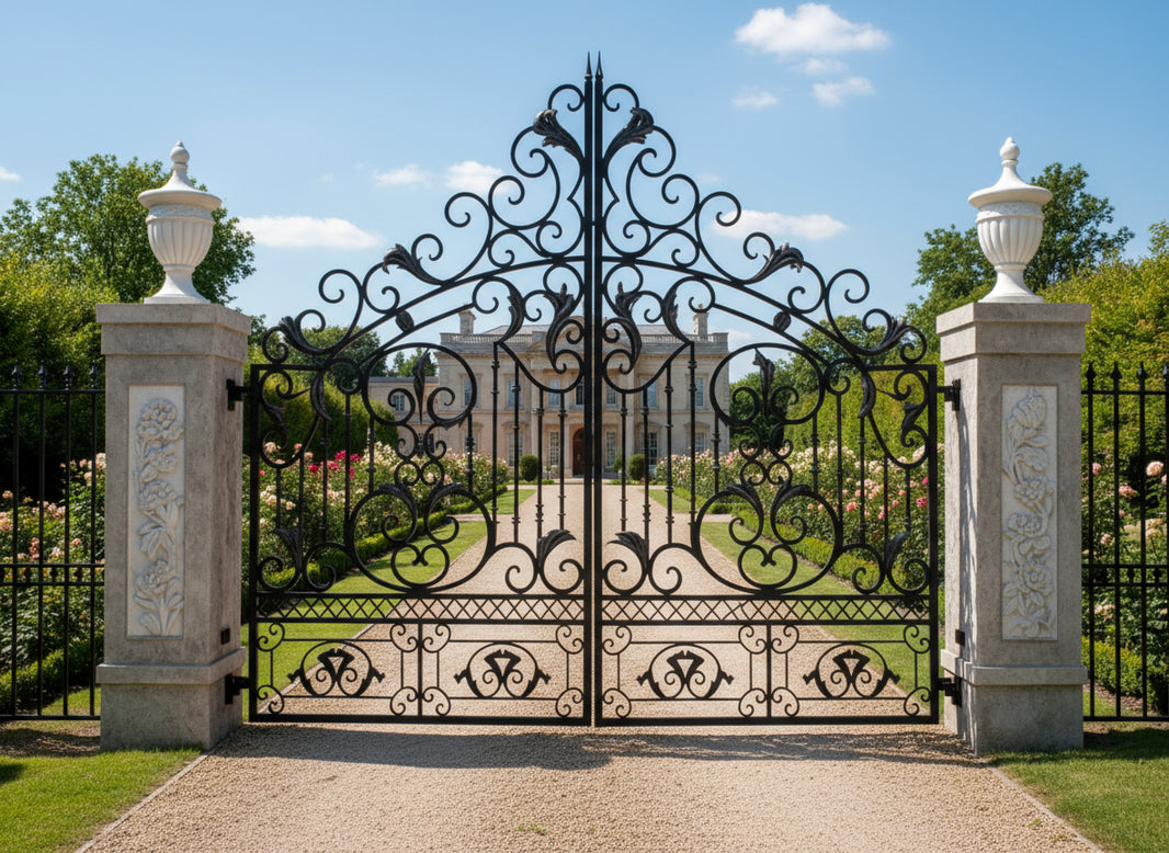 Urncrest Majestique – Wrought Iron Gate with Heart Scrolls Model # DWG116