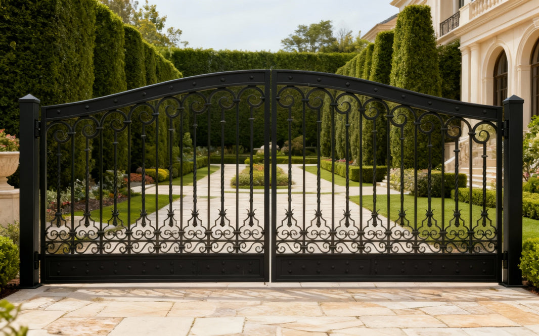 Rivet bloom Crest – Wrought Iron Gate with Floral Scrollwork & Arched Frame Model # DWG117