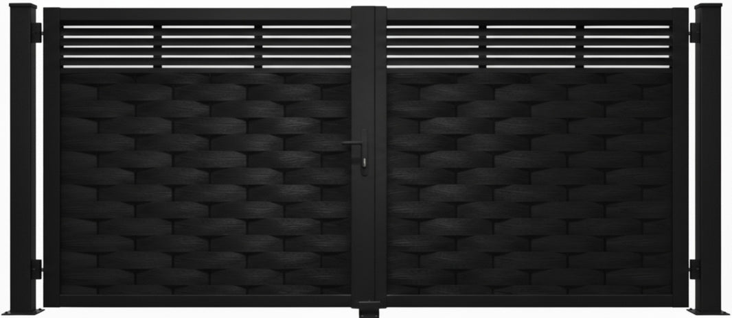 Weave Line Horizon – Modern Metal Gate with Woven Panels & Slatted Upper Design Model # DWG118