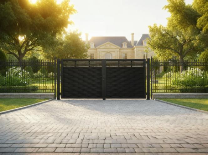 Weave Line Horizon – Modern Metal Gate with Woven Panels & Slatted Upper Design Model # DWG118