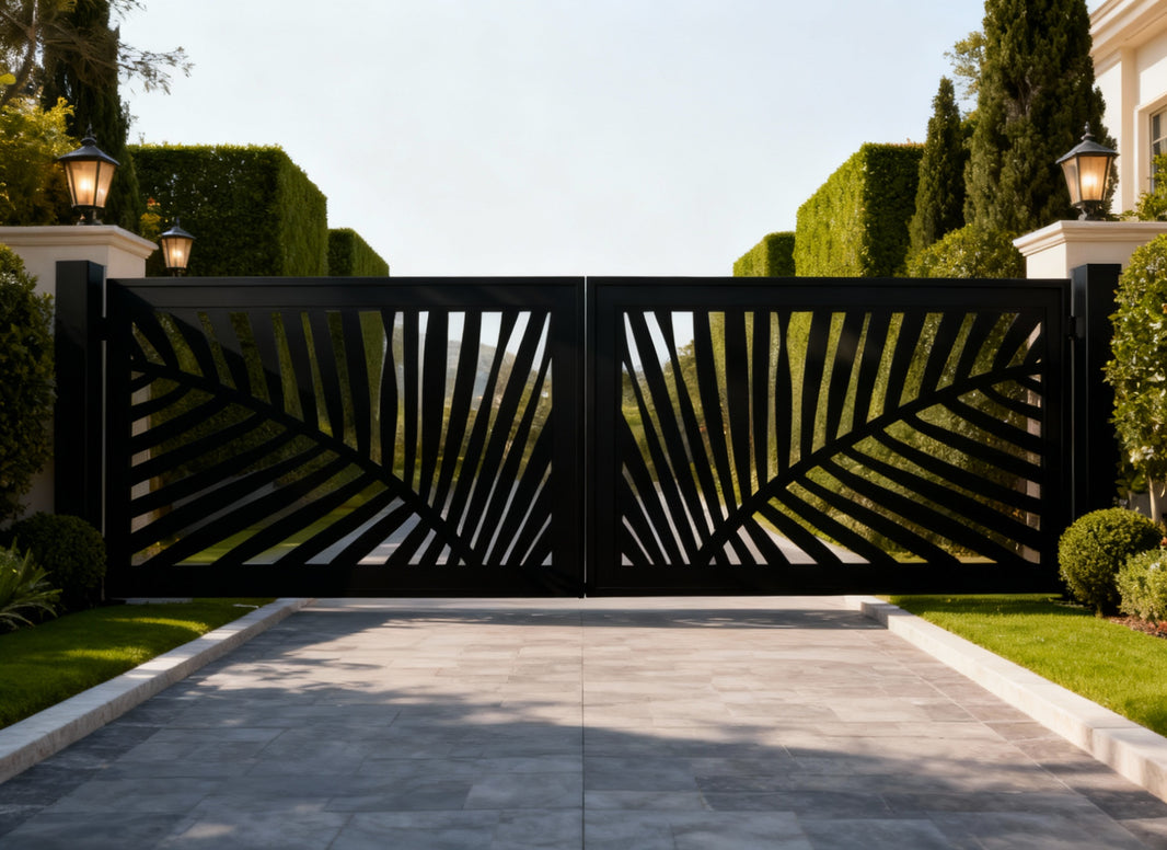 Palmflare Axis – Modern Metal Gate with Abstract Palm Frond Design Model # DWG119