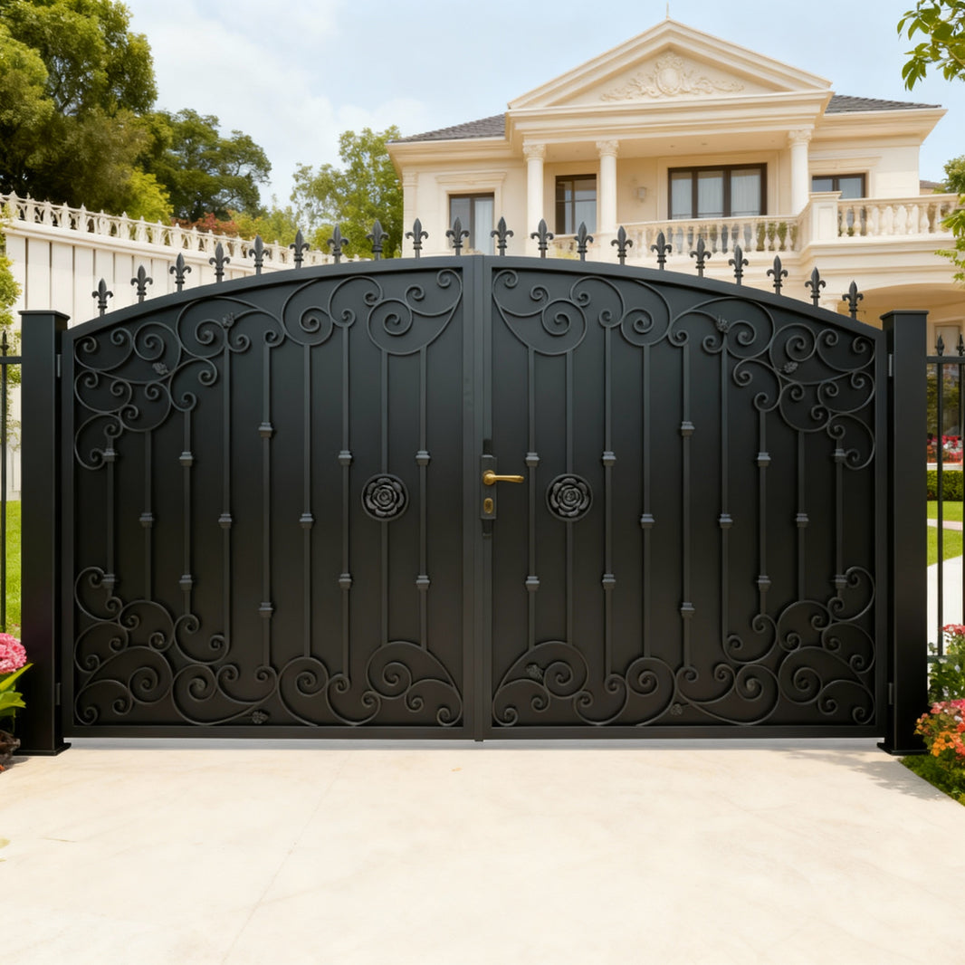 Fleurcrest Royale – Scroll & Floral Wrought Iron Gate with Brass Accents Model # DWG120