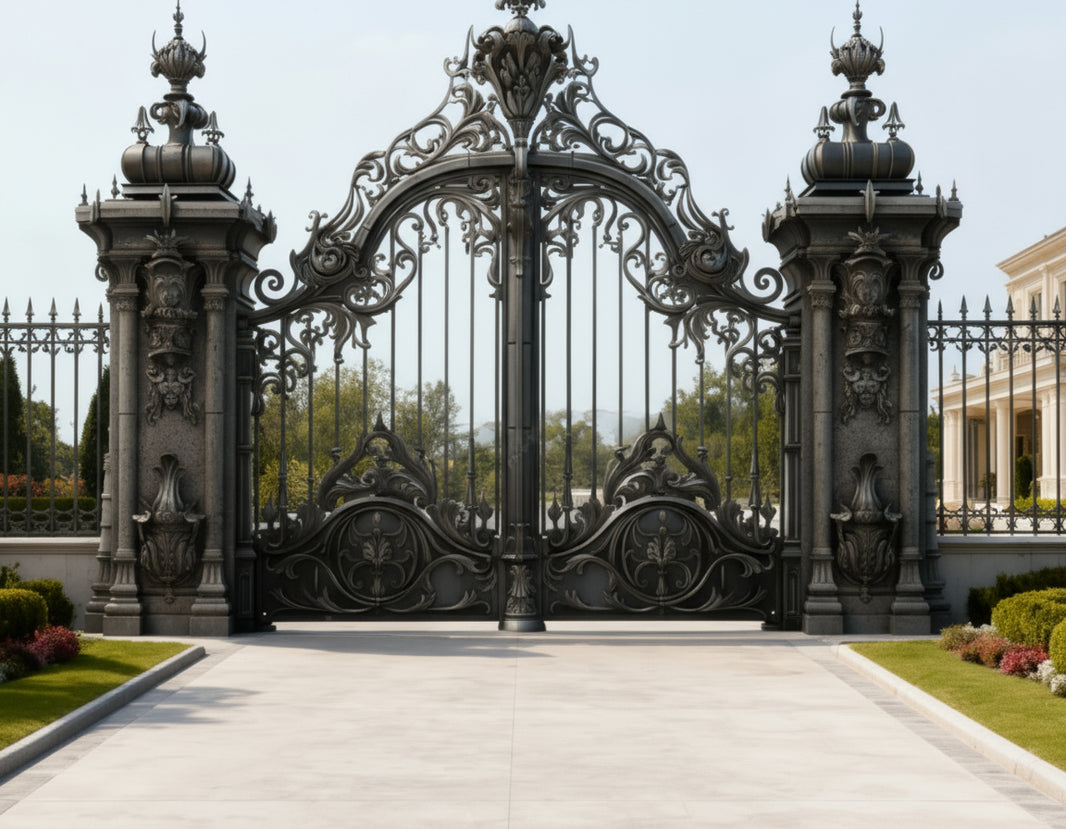 Regal Scrollwork Wrought Iron Driveway Gate Hand-Forged Custom Estate Entry – Canadian Craftsmanship Model # DWG121