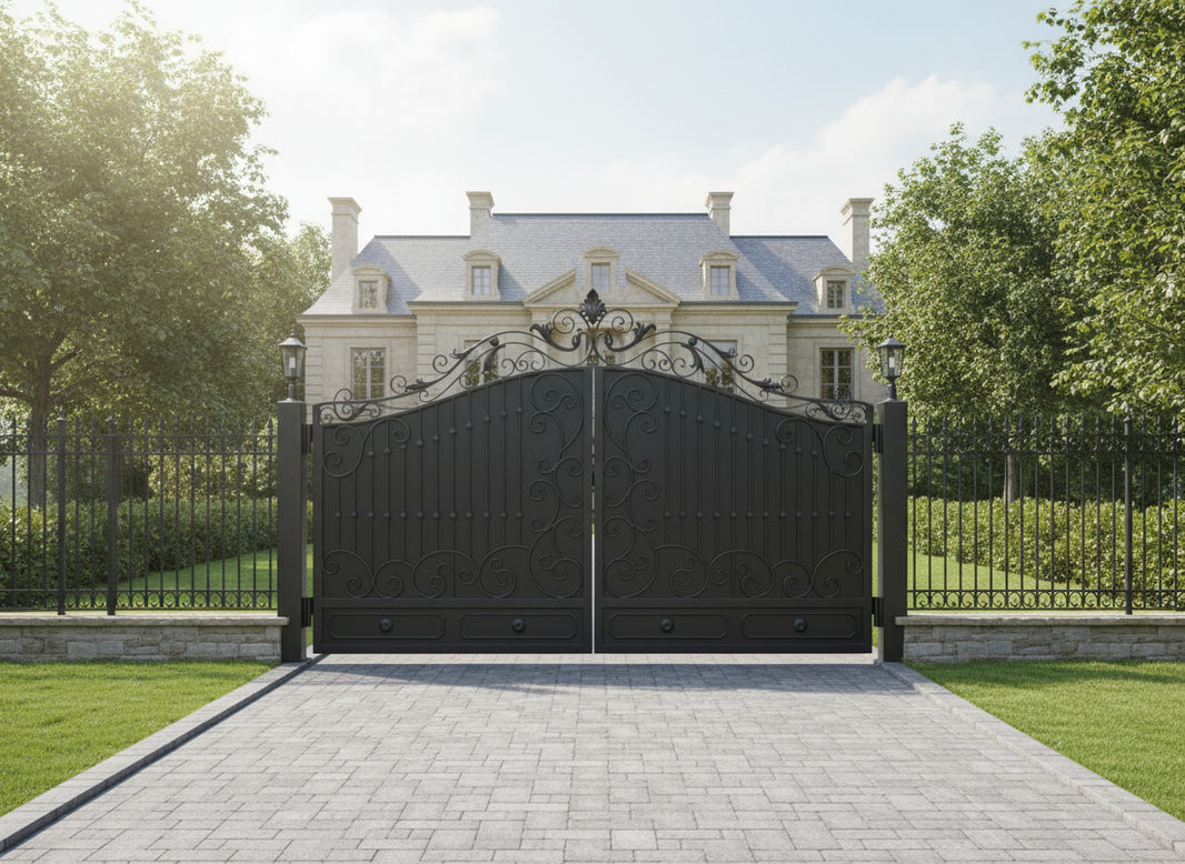 Vinecrest Elan – Scroll & Floral Wrought Iron Gate with Lantern Pillars Model # DWG122
