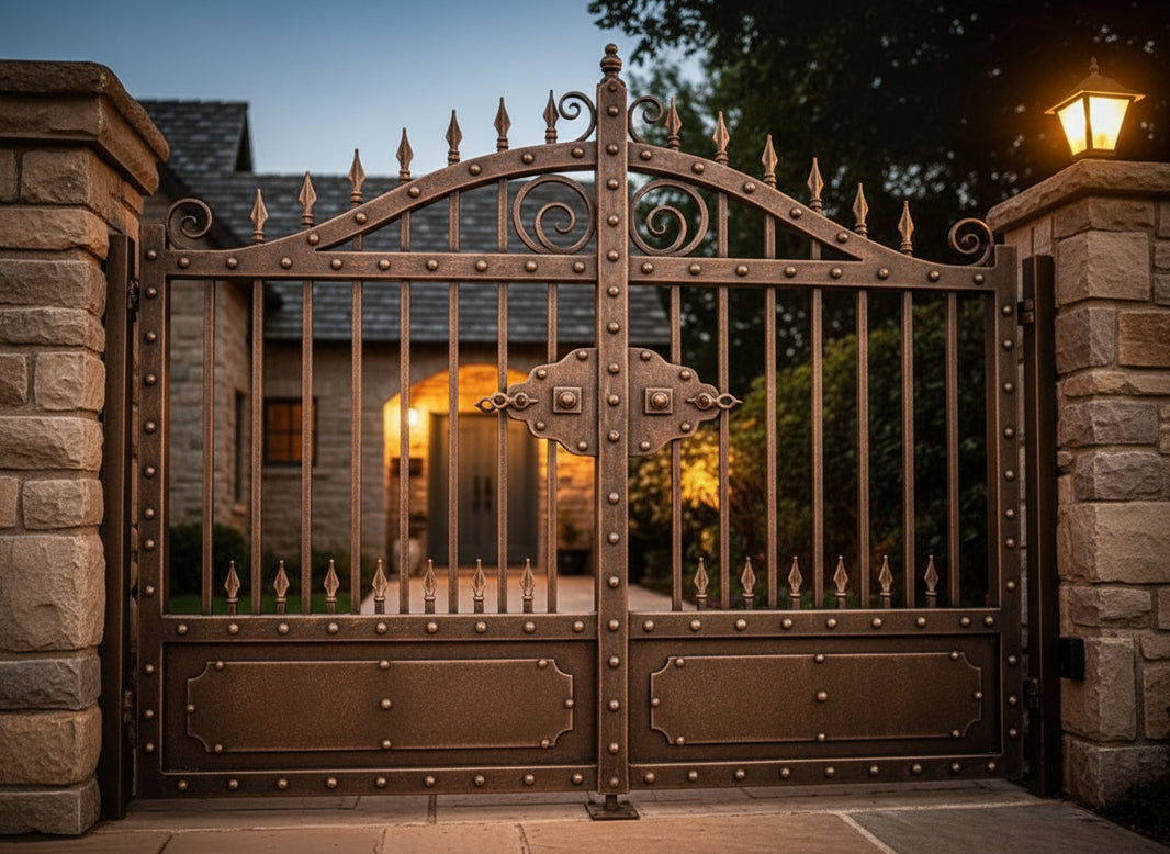 Iron crest Bastion – Wrought Iron Gate with Scrollwork, Finials & Riveted Panels Model # DWG123