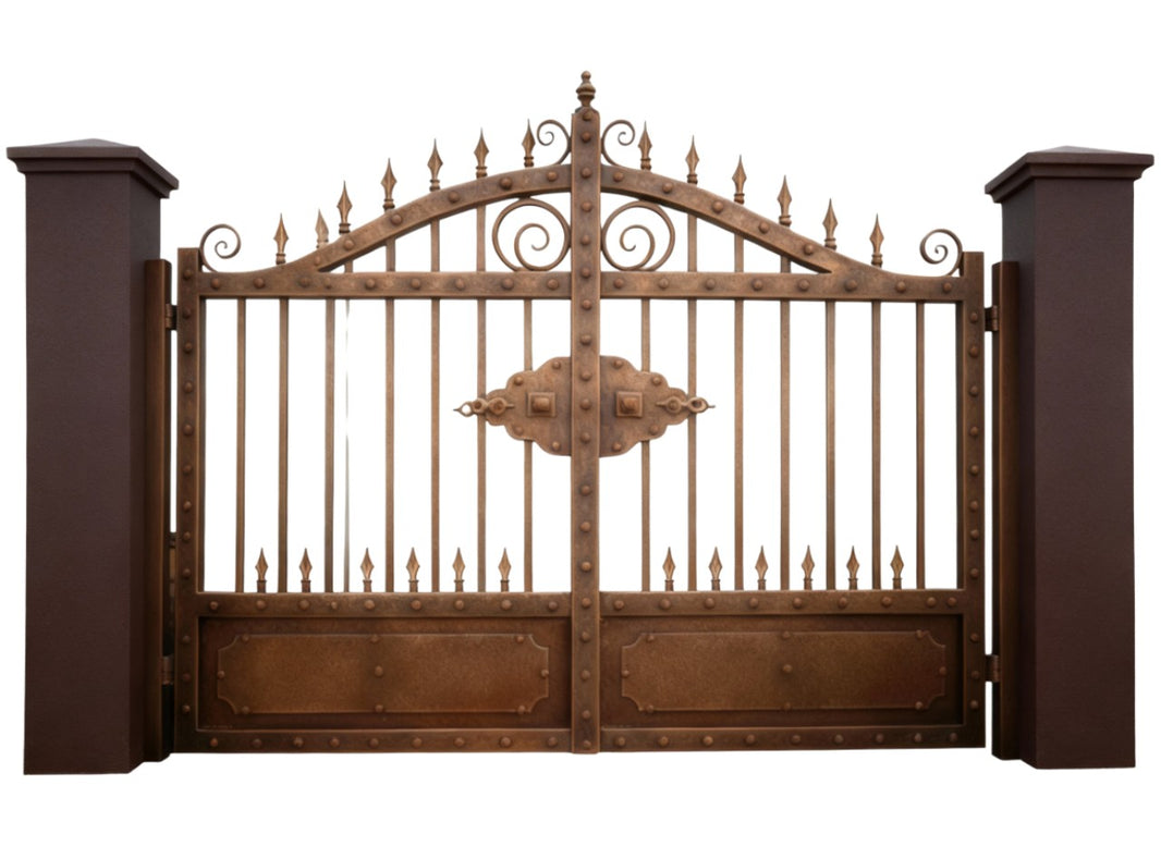 Iron crest Bastion – Wrought Iron Gate with Scrollwork, Finials & Riveted Panels Model # DWG123
