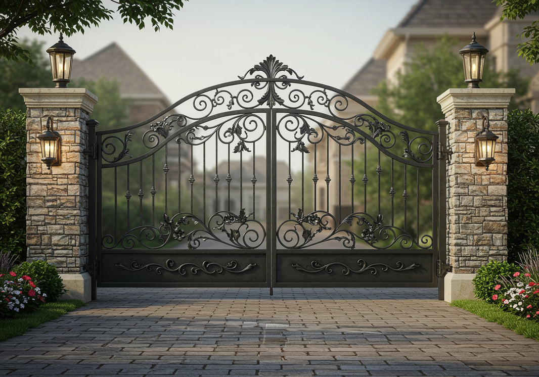 Crest veil Dominion – Ornate Wrought Iron Gate with Floral Scrolls Model # DWG127