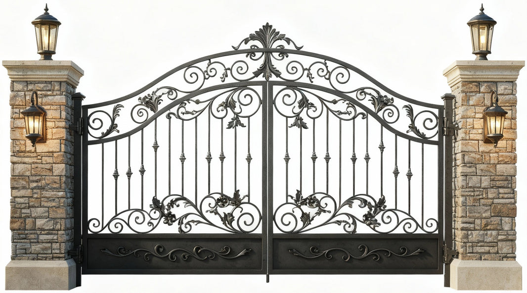 Crest veil Dominion – Ornate Wrought Iron Gate with Floral Scrolls Model # DWG127