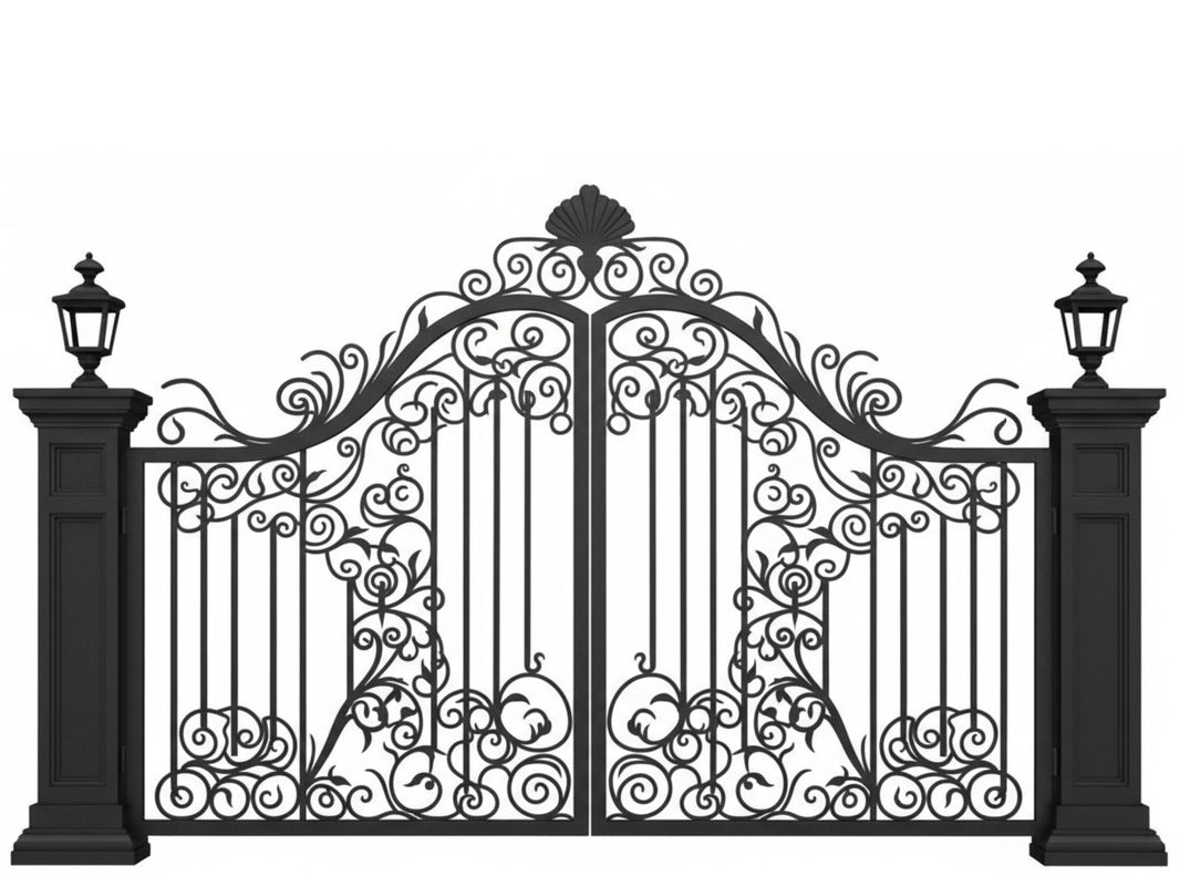 Shell-crest Elegance – Wrought Iron Gate with Floral Scrolls Model # DWG130